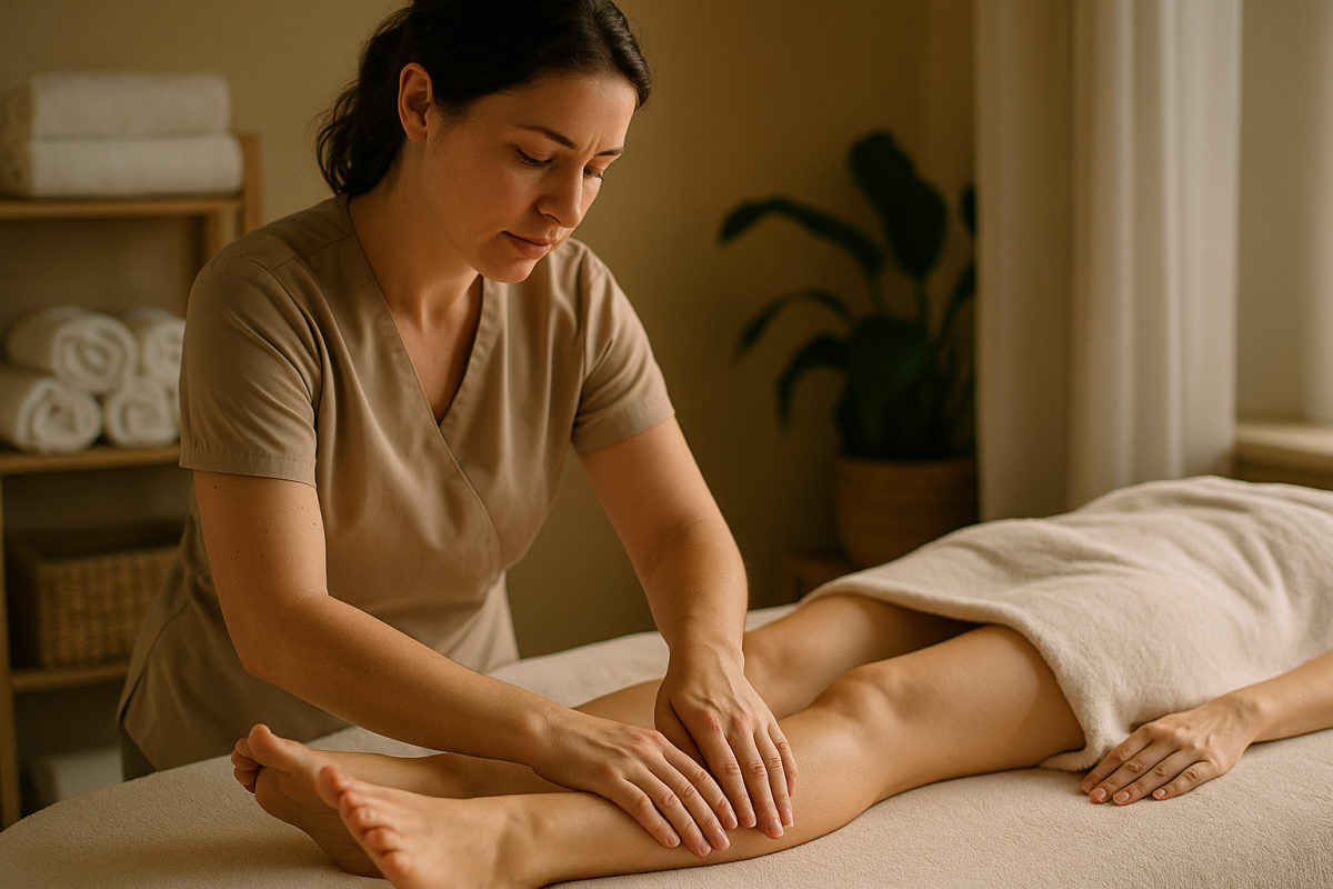Sanfte, leichte Massagegriffe am bedeckten Bein einer Klientin in entspannter Wellness-Atmosphäre