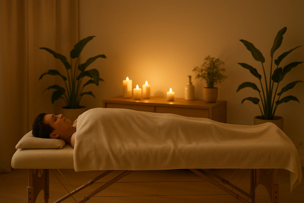 Entspannt auf einer Massageliege liegende Person, vollständig mit Tuch bedeckt, in ruhigem Raum