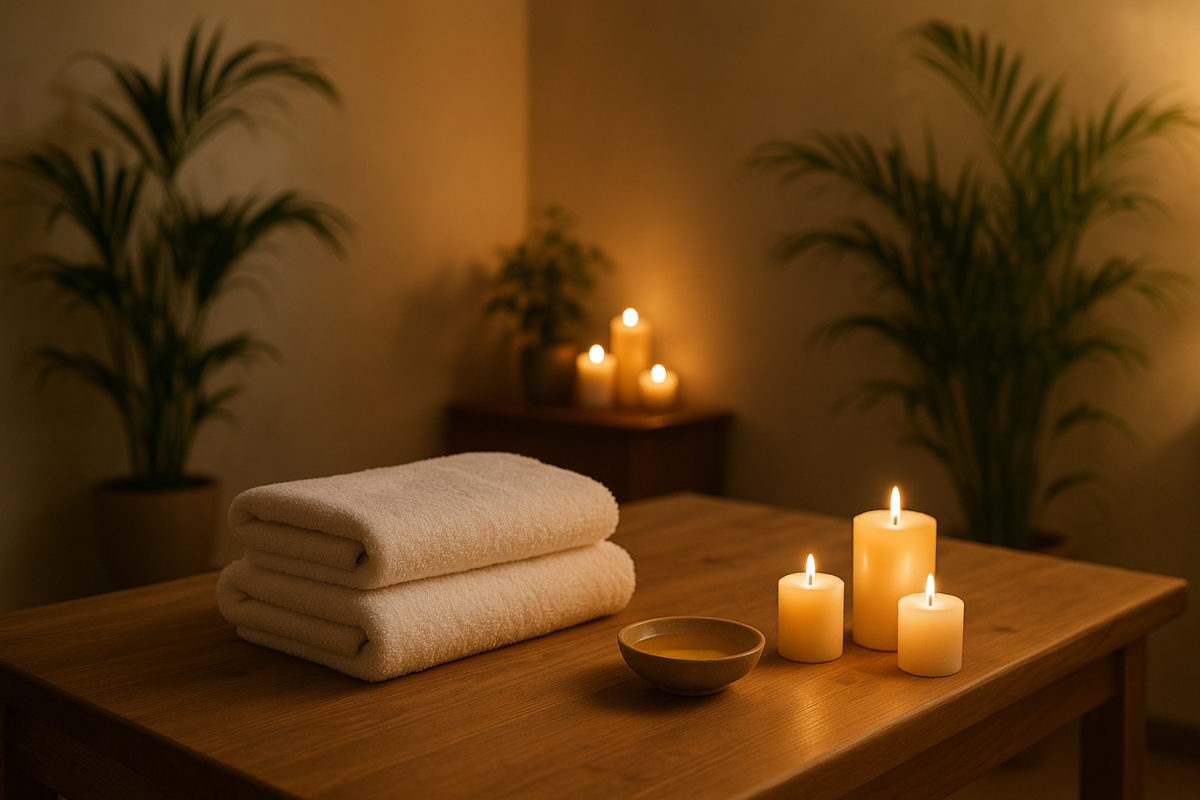 Ruhiger Massageraum mit Liege, gefalteten Tüchern, Schälchen, Kerzen und warmem Licht