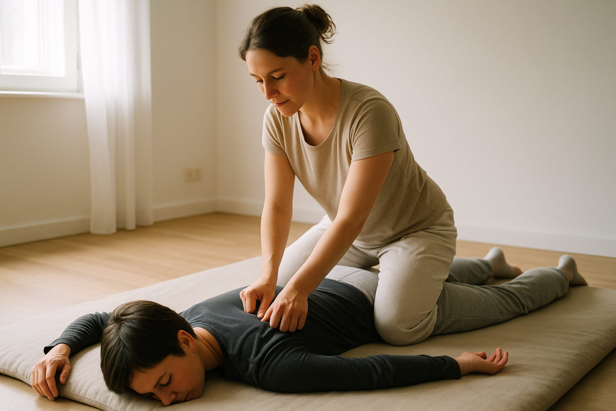 Shiatsu-Behandlung: Therapeut übt sanften Daumendruck auf den Rücken einer bekleideten Person auf einer Bodenmatte aus