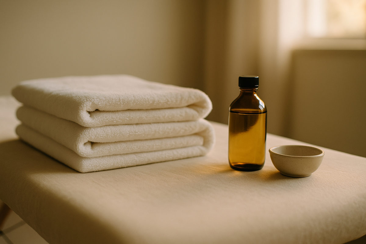 Detailaufnahme einer Massageliege mit gestapelten Handtüchern und Massageöl-Setup