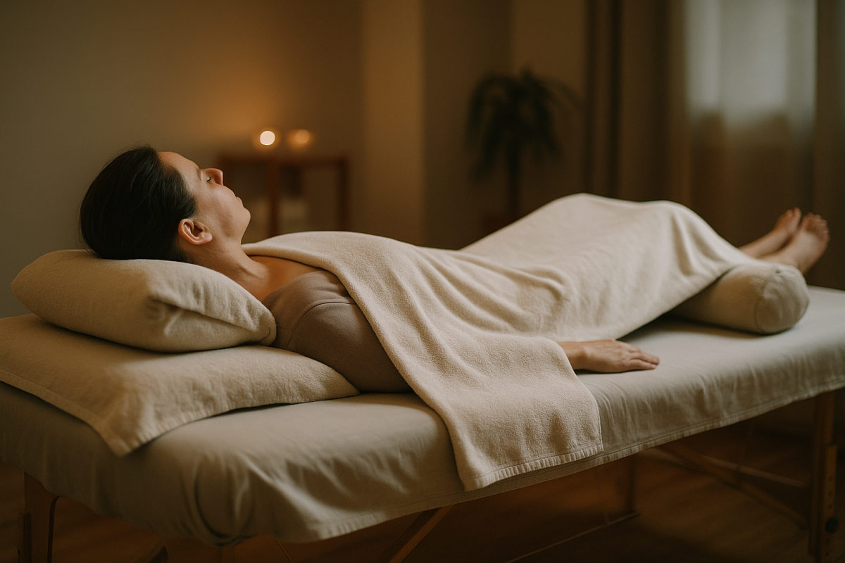Dezent bedeckte Person bequem auf der Massageliege mit Kissen und Knierolle gelagert