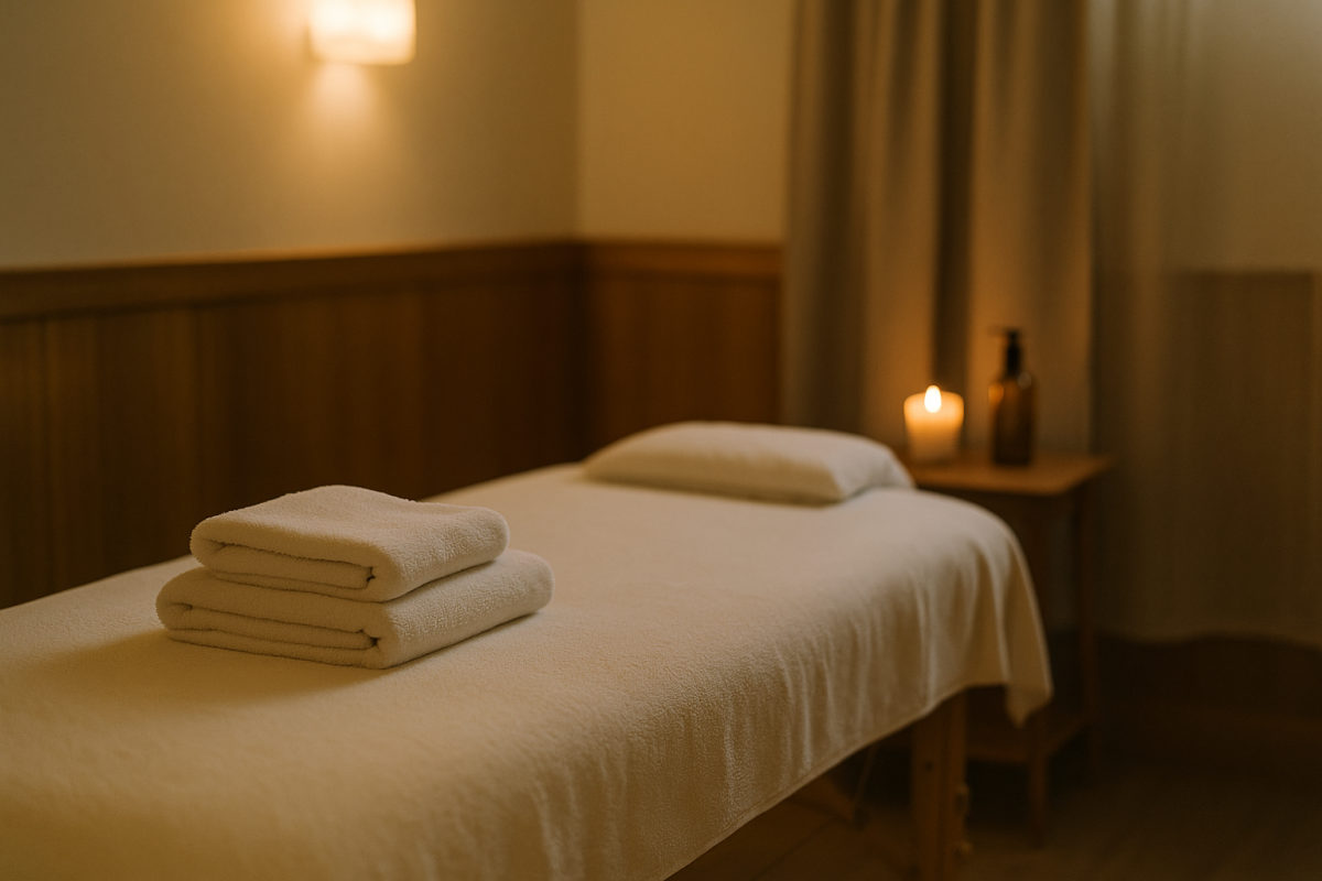 Ruhiger, vorbereiteter Massageraum mit Massageliege, frischen Handtüchern und gedämpftem Licht