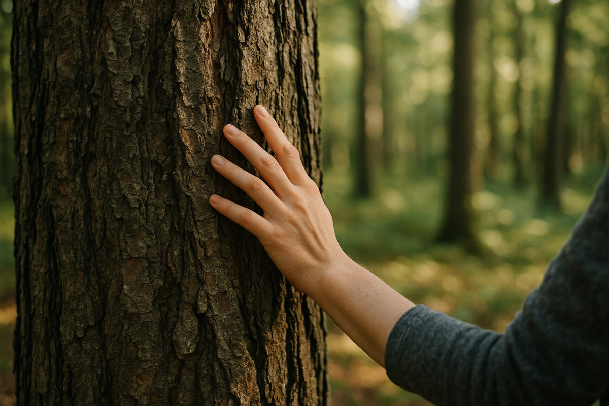 Hand berührt achtsam die raue Rinde eines großen Baumes im sonnigen Wald