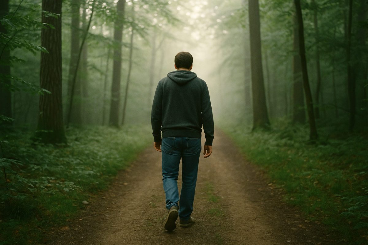 Person geht langsam und achtsam auf einem sonnendurchfluteten Waldweg zwischen hohen grünen Bäumen