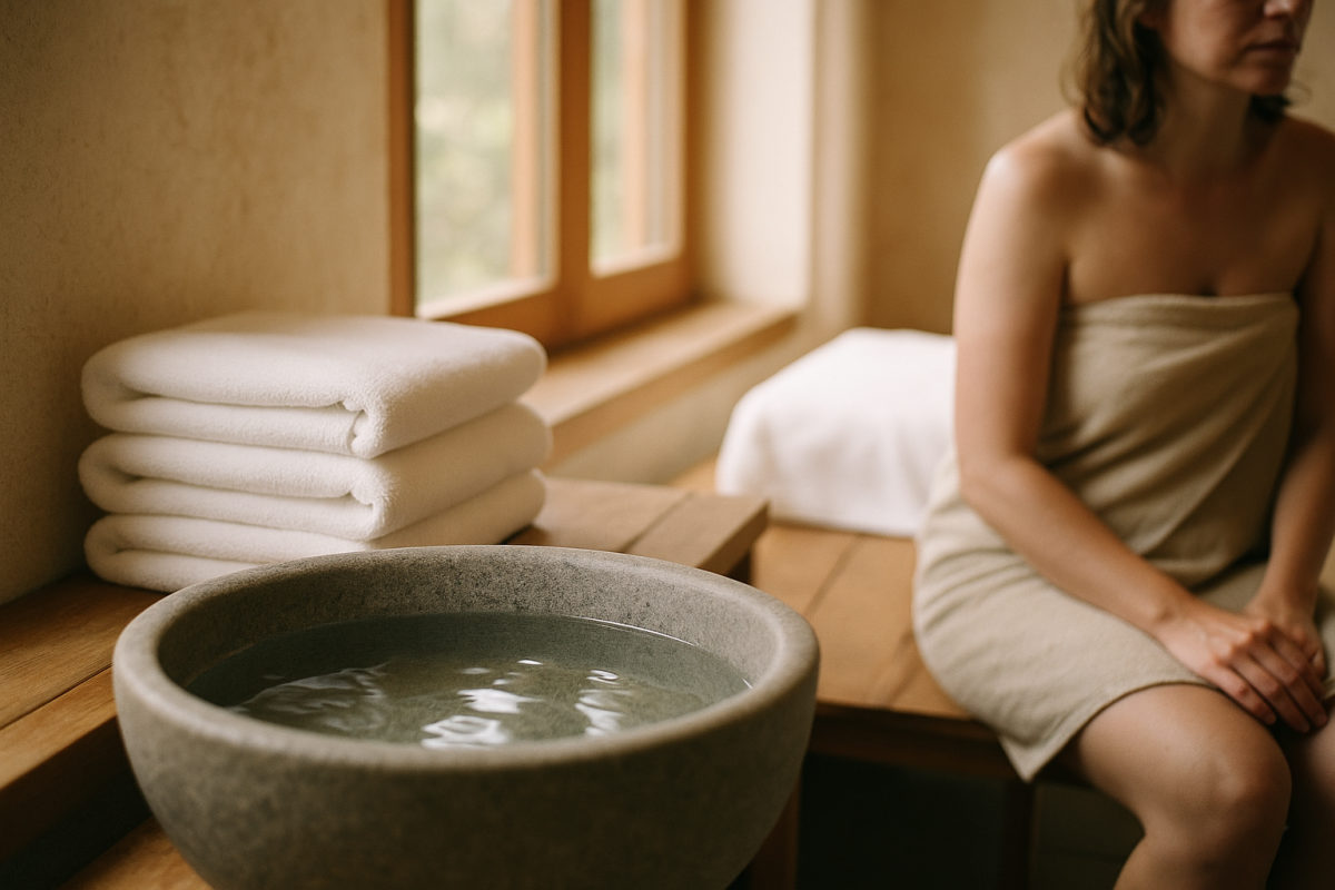 Ruhige Wellness-Atmosphäre mit Wasser und Massage-Ergänzung