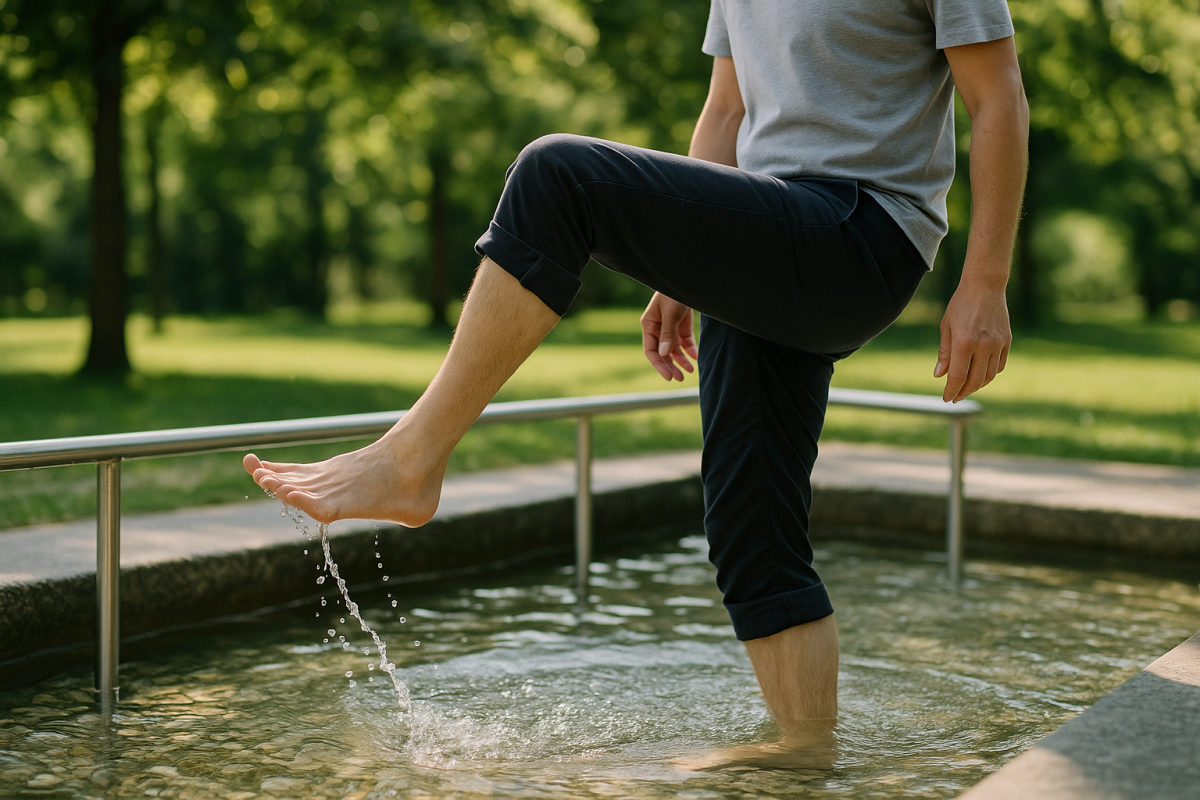 Person beim Wassertreten im Kneipp-Tretbecken in einem sommerlichen Park