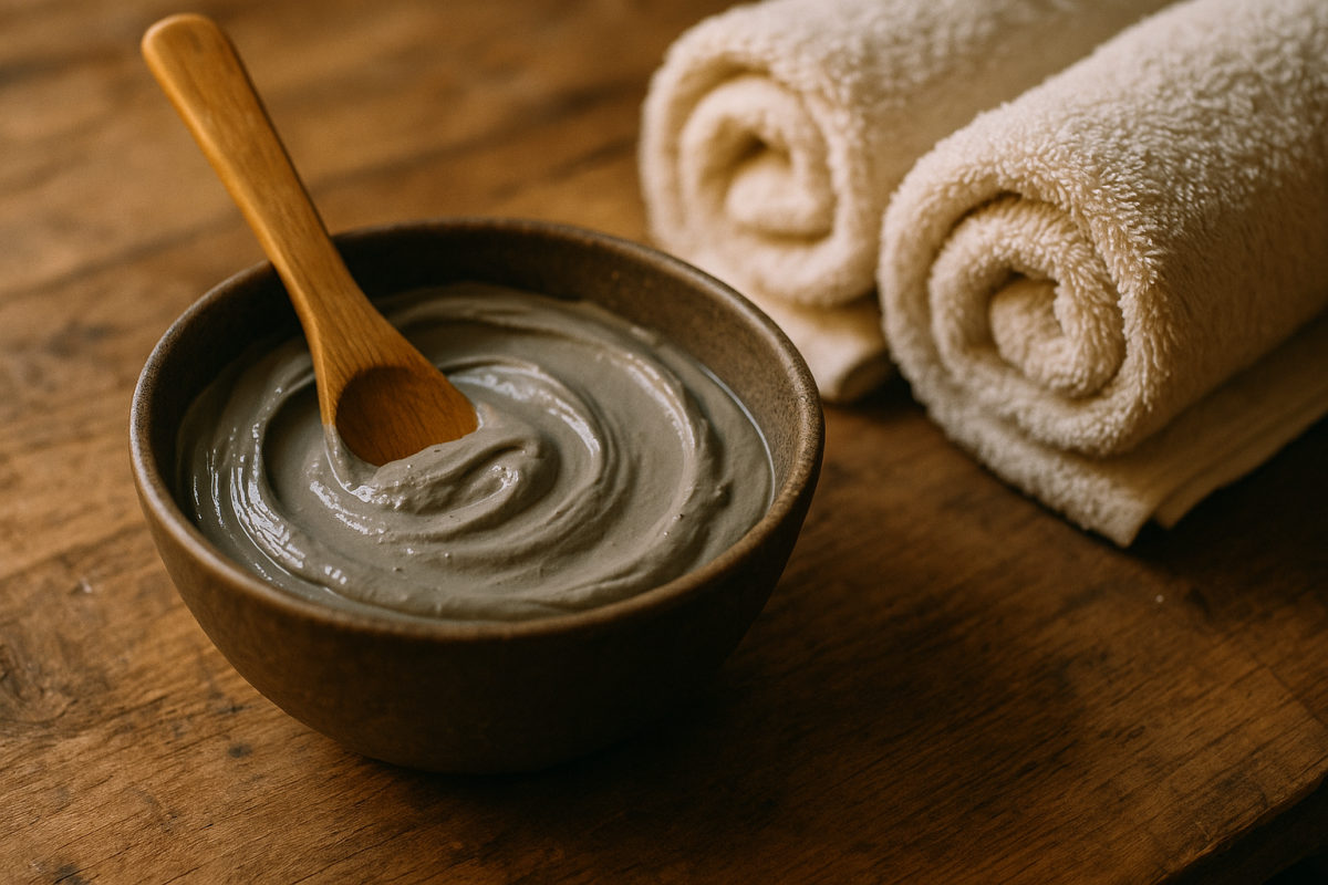 Schale mit warmem Fango-Schlamm und Spatel, Spa-Atmosphäre