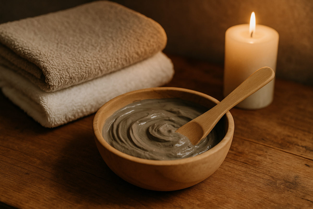 Fango-Mineralschlamm in einer Schale mit Spatel und Handtüchern im Spa