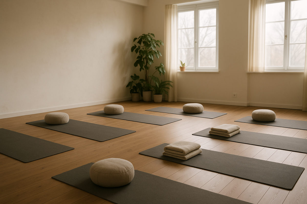 Ruhiges Yoga-Studio mit ausgelegten Yogamatten, Kissen und Tageslicht