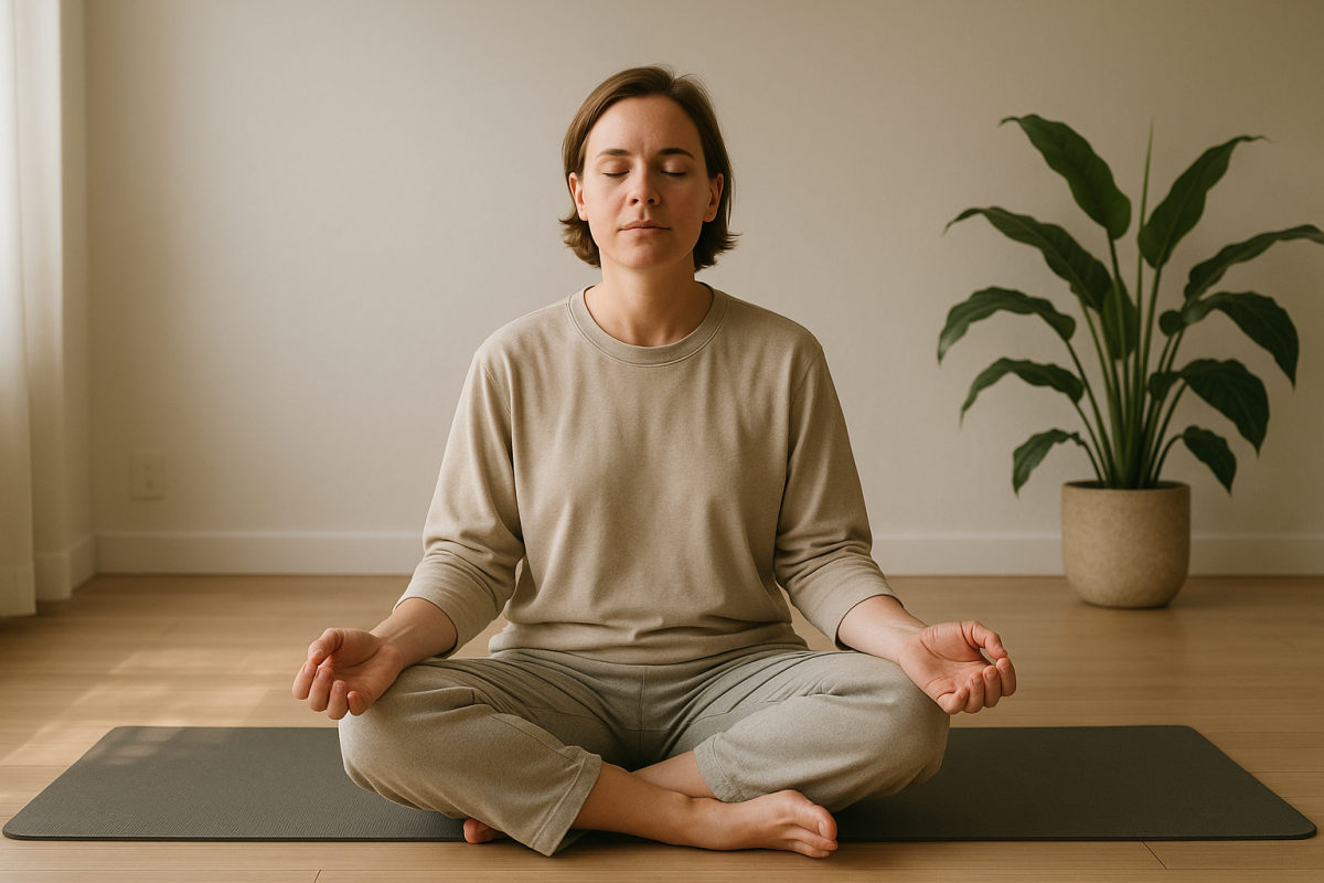 Vollständig bekleidete Person in entspannter Meditationshaltung im Schneidersitz auf einer Yogamatte
