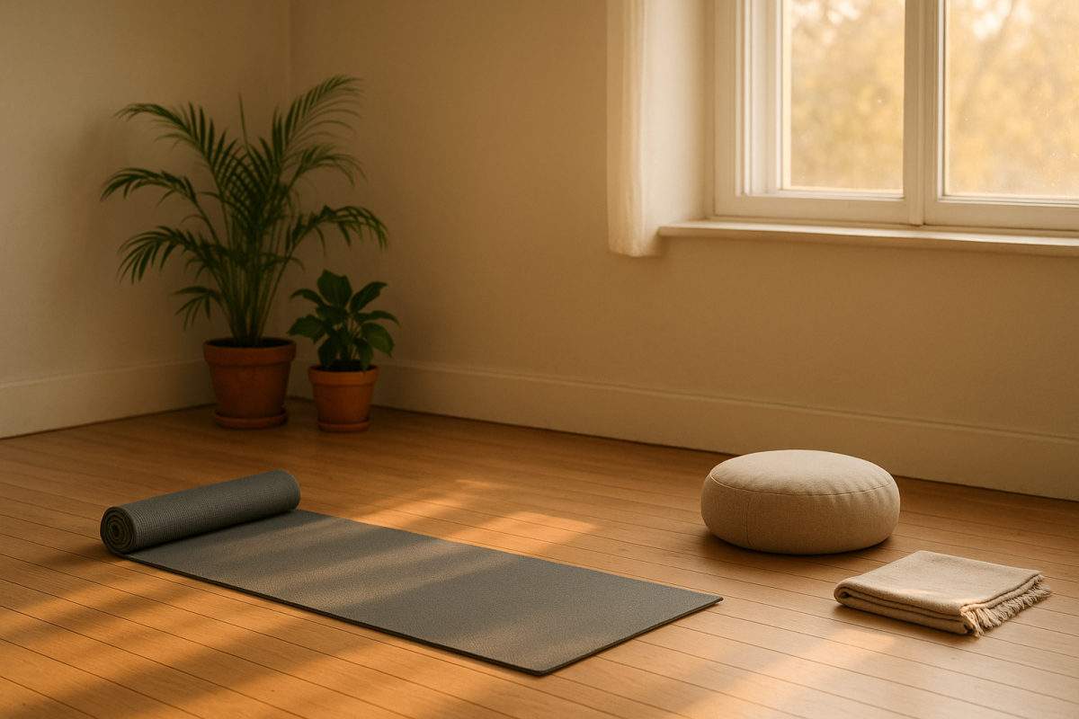 Aufgerollte Yogamatte mit Meditationskissen in einem ruhigen, hell beleuchteten Raum mit Pflanzen