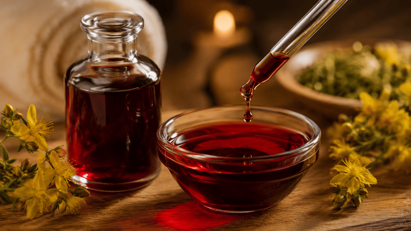 Johanniskrautöl in Glasflasche und Schälchen, daneben Johanniskraut-Blüten