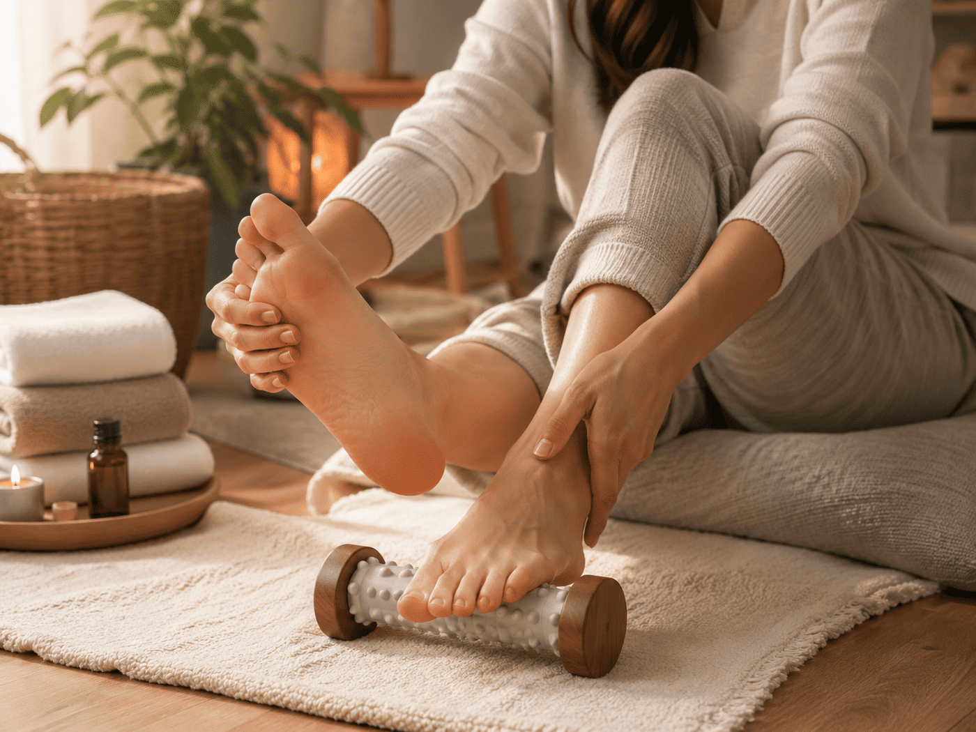 Selbstanwendung Fußmassage mit Massageroller oder Ball