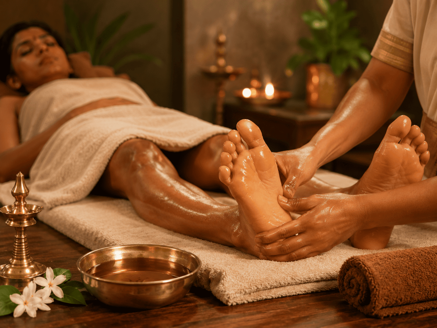 Padabhyanga: ayurvedische Fußmassage mit warmem Sesamöl und Schälchen