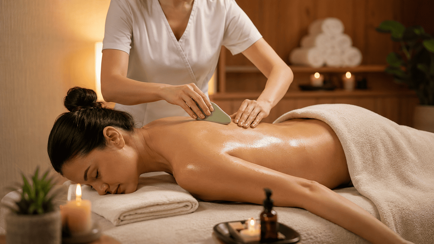 Therapeut führt Gua Sha Massage mit Schaber am Rücken durch