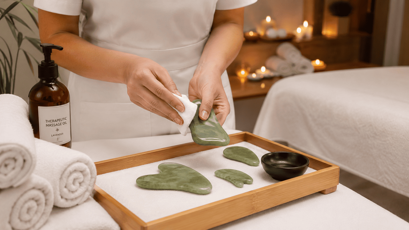 Verschiedene Gua Sha Schaber aus Jade, Rosenquarz und Edelstahl