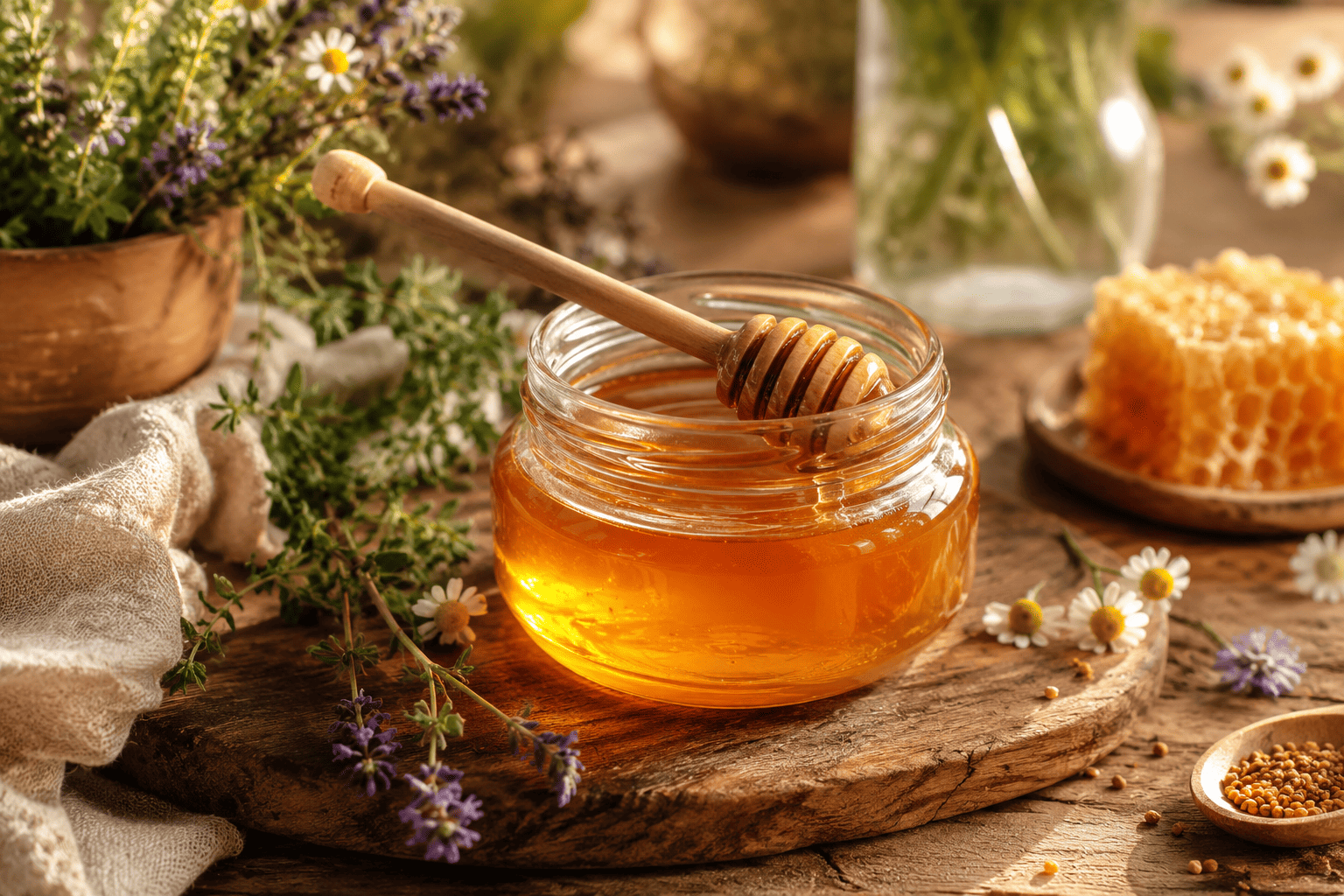 Goldgelber Honig in einem Glas mit Holzlöffel — Naturmittel und Massagemedium