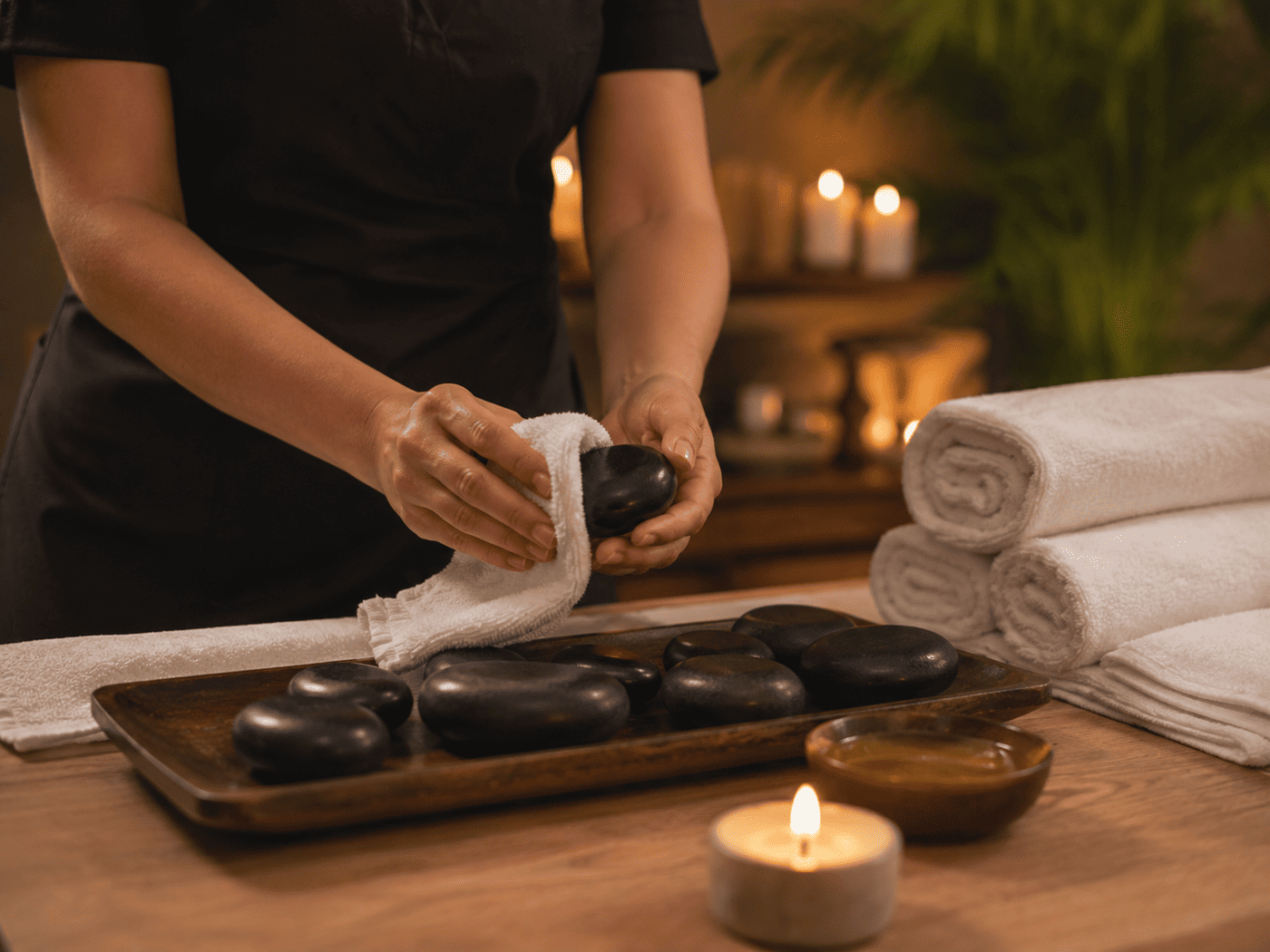 Schwarze Basaltsteine in unterschiedlichen Größen für die Hot Stone Massage