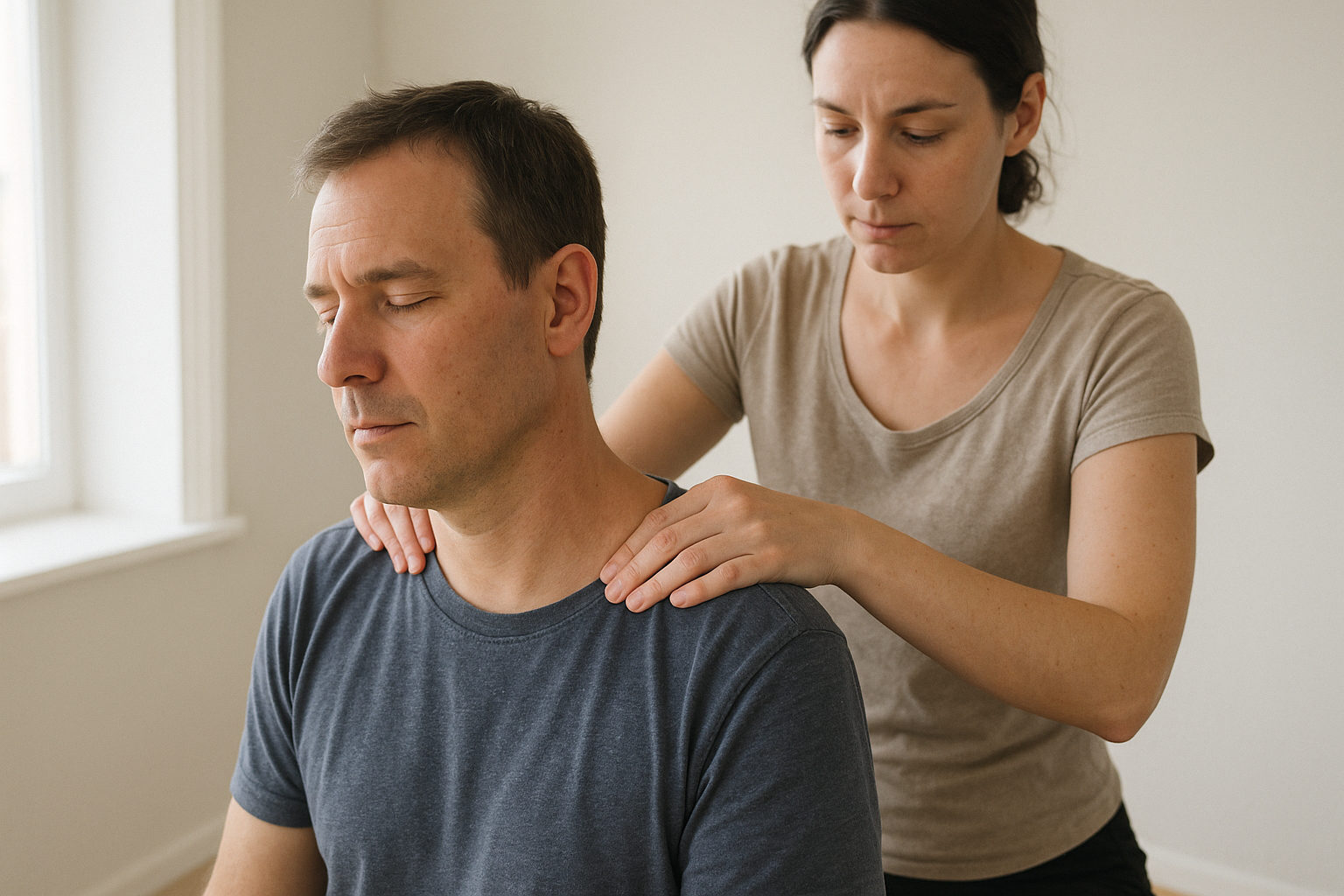Massage-Therapeutin lockert sanft die Schulter- und Nackenmuskulatur eines Mannes
