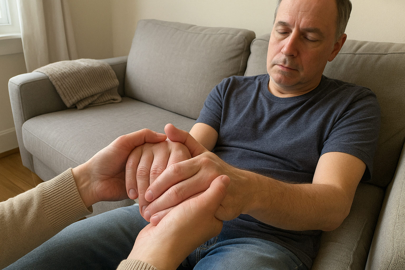 Therapeutin massiert einfühlsam die Hand einer ruhenden Person in der Krebsbegleitung