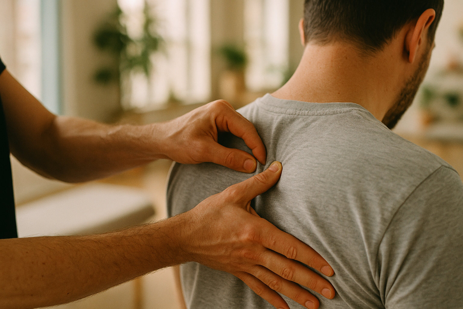 Masseur führt einen Knet-Griff (Petrissage) an der Schulter aus