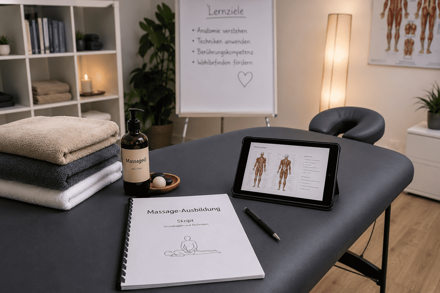 Modernes Lernsetting mit Massagebank, Skript und Tablet — fundierte Massage-Ausbildung