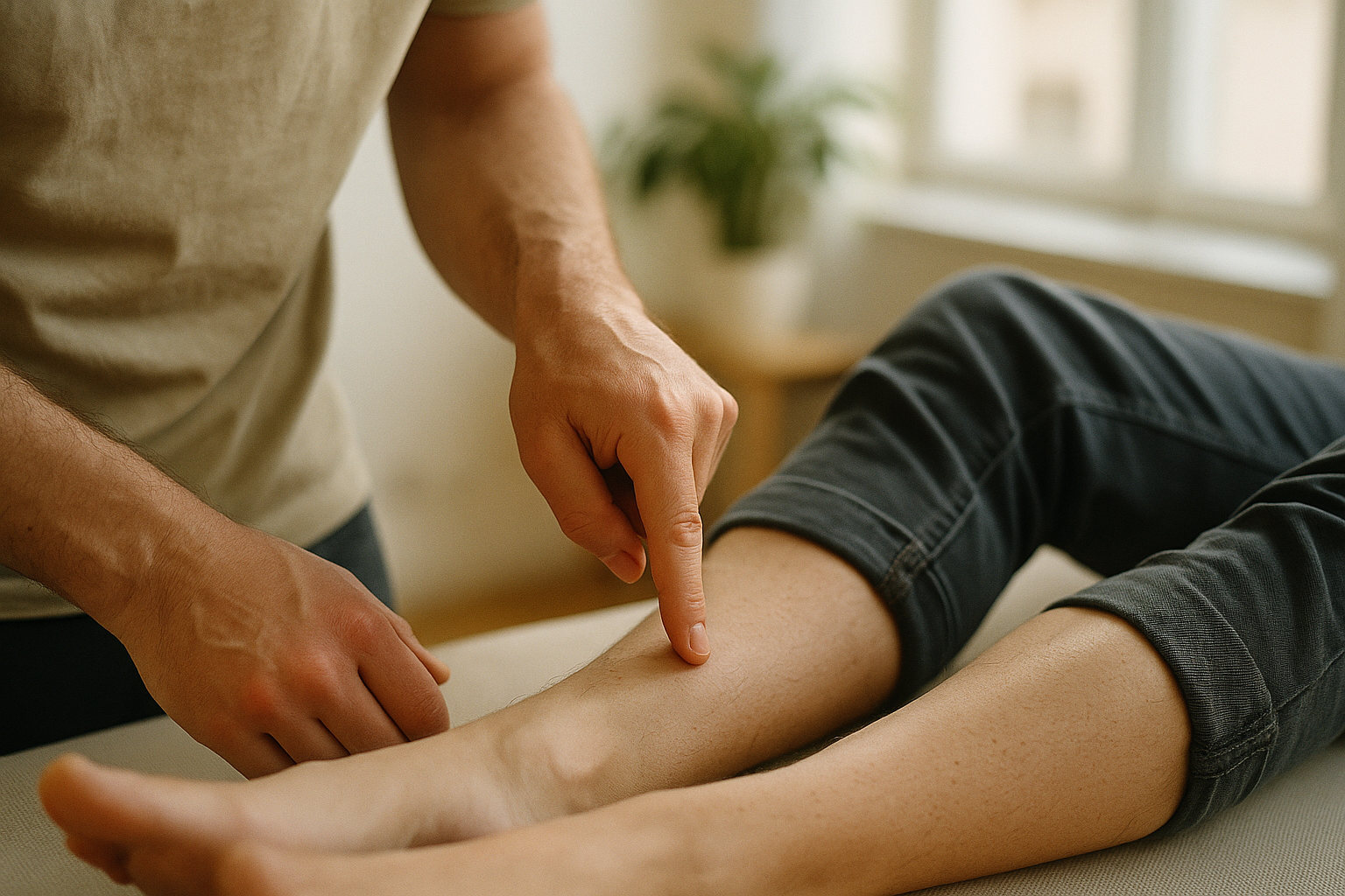 Periostmassage: gezielter Fingerdruck am Schienbein