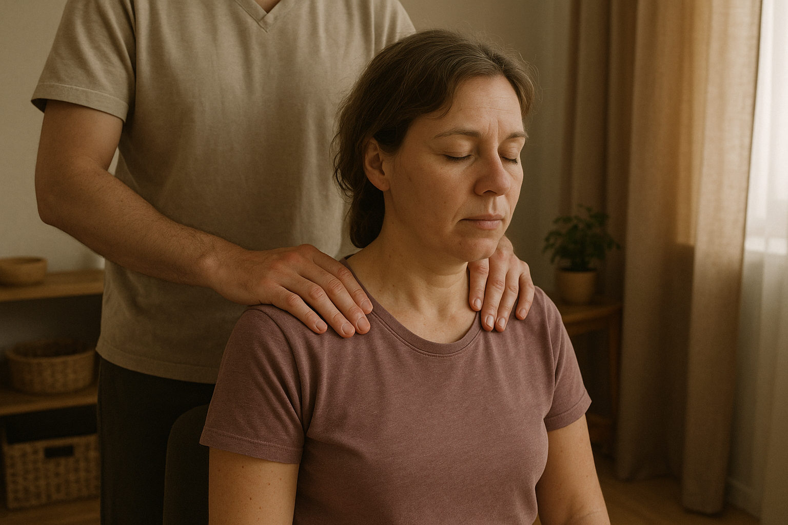 Frau erhält eine entspannende Nacken- und Schultermassage als Teil ihrer Selbstfürsorge