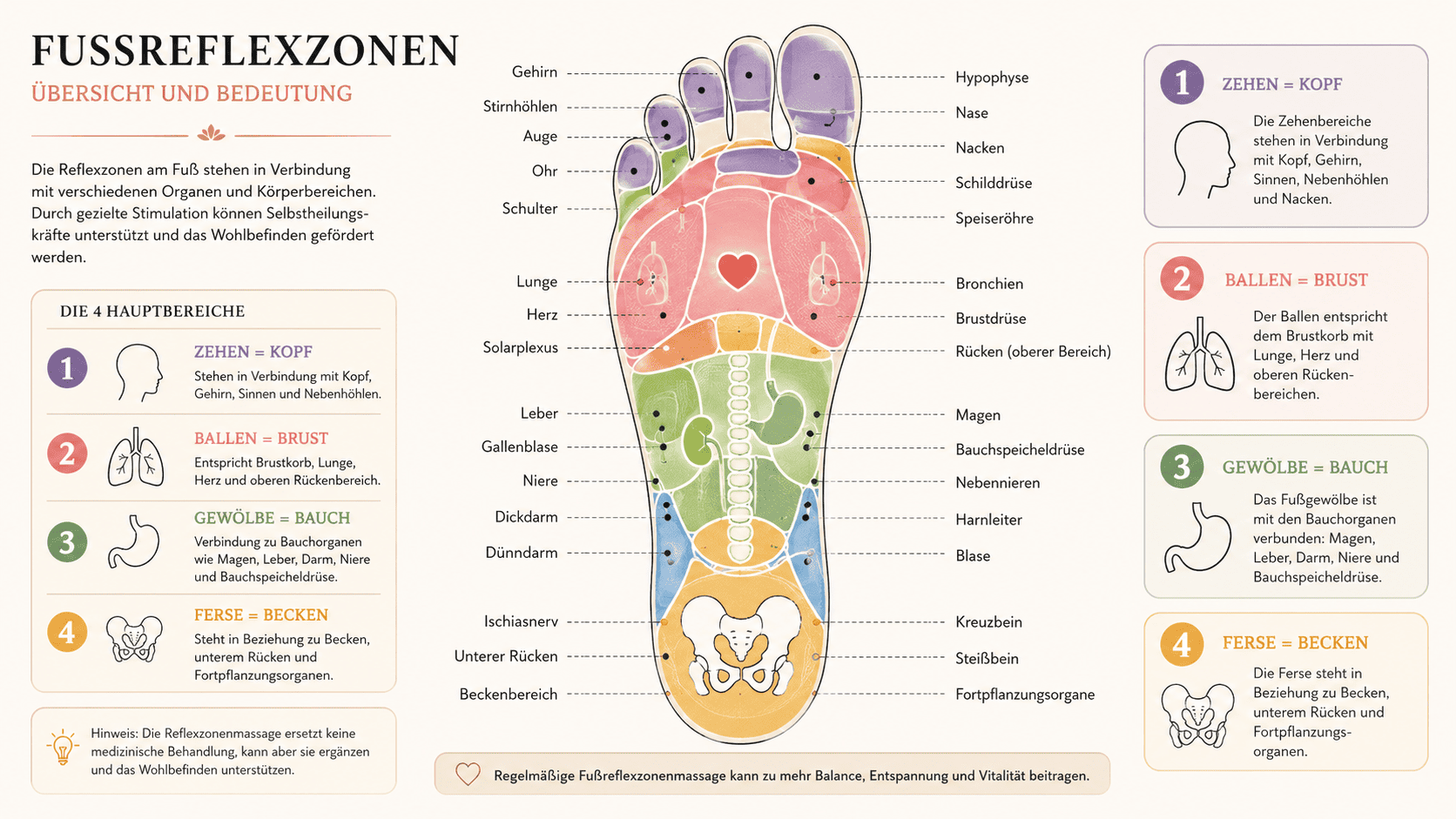 Fußreflexzonen-Karte — schematische Übersicht der Korrespondenz zwischen Fußsohlen-Zonen und Körperorganen
