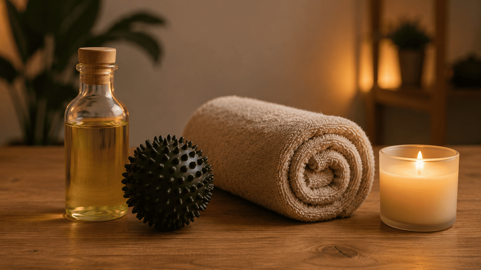 Massageöle, Massageball und gerollte Handtücher — die wichtigsten Utensilien für die Wohlfühl-Massage zu Hause
