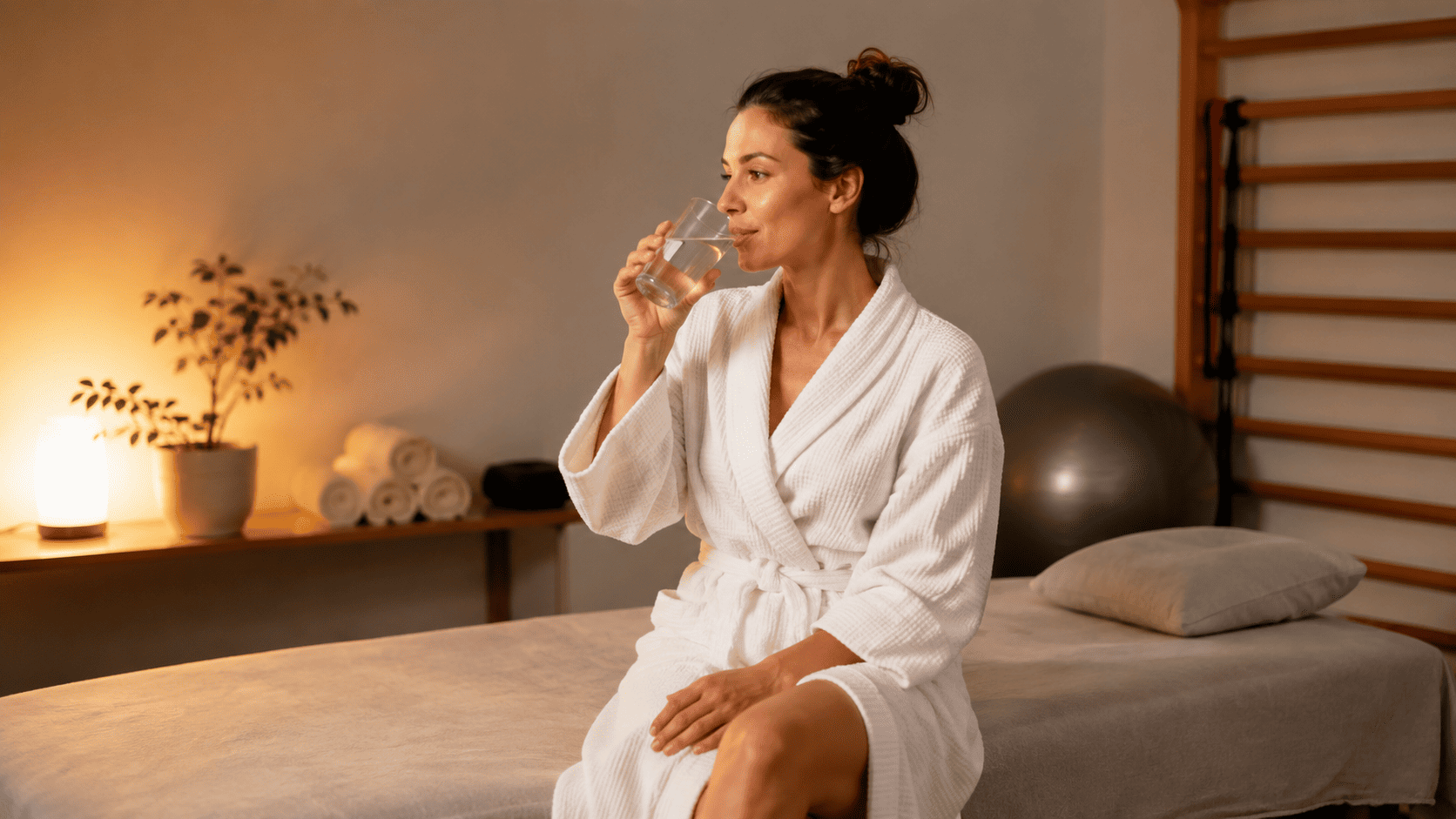 Klient trinkt Wasser nach einer Massage — wichtigste Sofortmaßnahme zur Regeneration