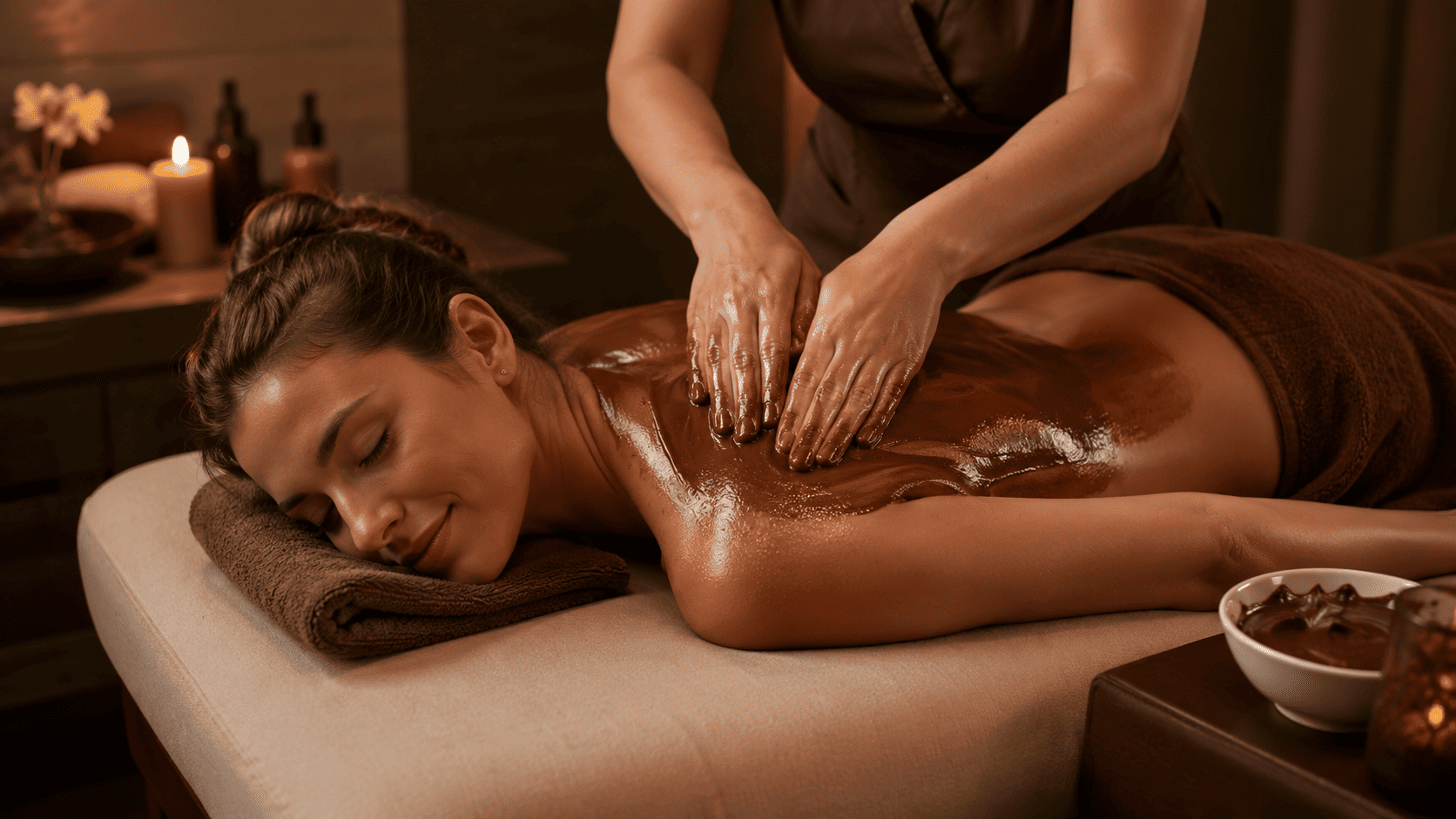 Schokoladenmassage in der Praxis — warme Kakaomasse wird mit sanften Streichgriffen auf dem Rücken verteilt