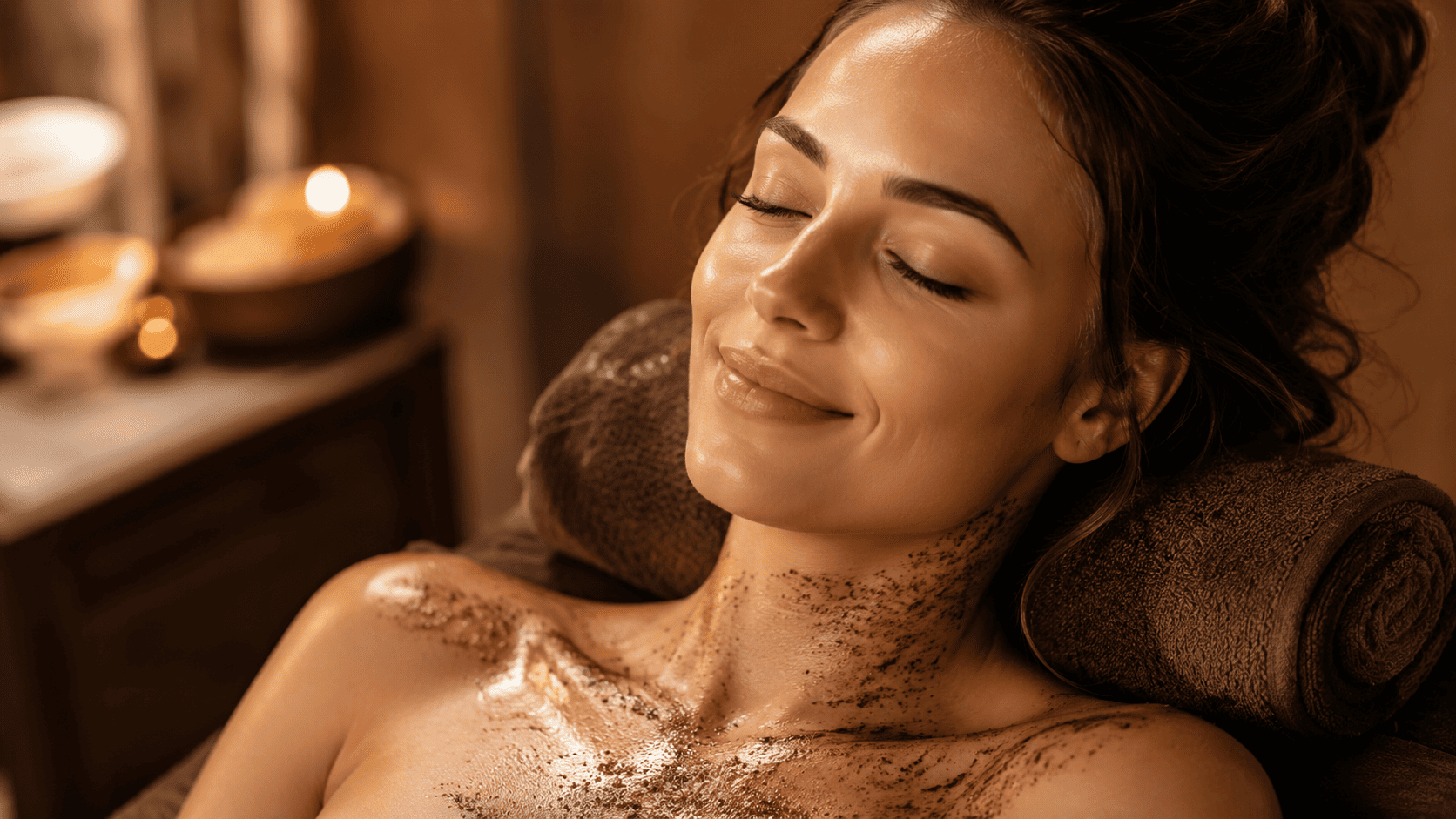 Schokoladenmassage als sinnliches Wellness-Erlebnis — entspannte Klientin mit Pflege-Aspekt