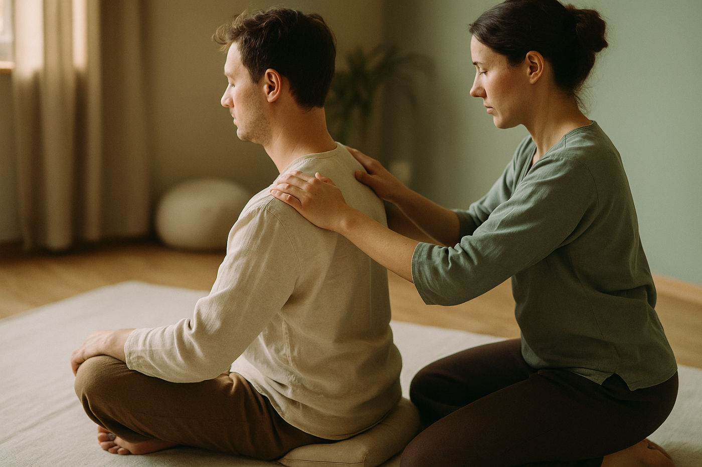 Shiatsu-Ausbildung: sitzende Shiatsu-Behandlung an Schulter und Rücken