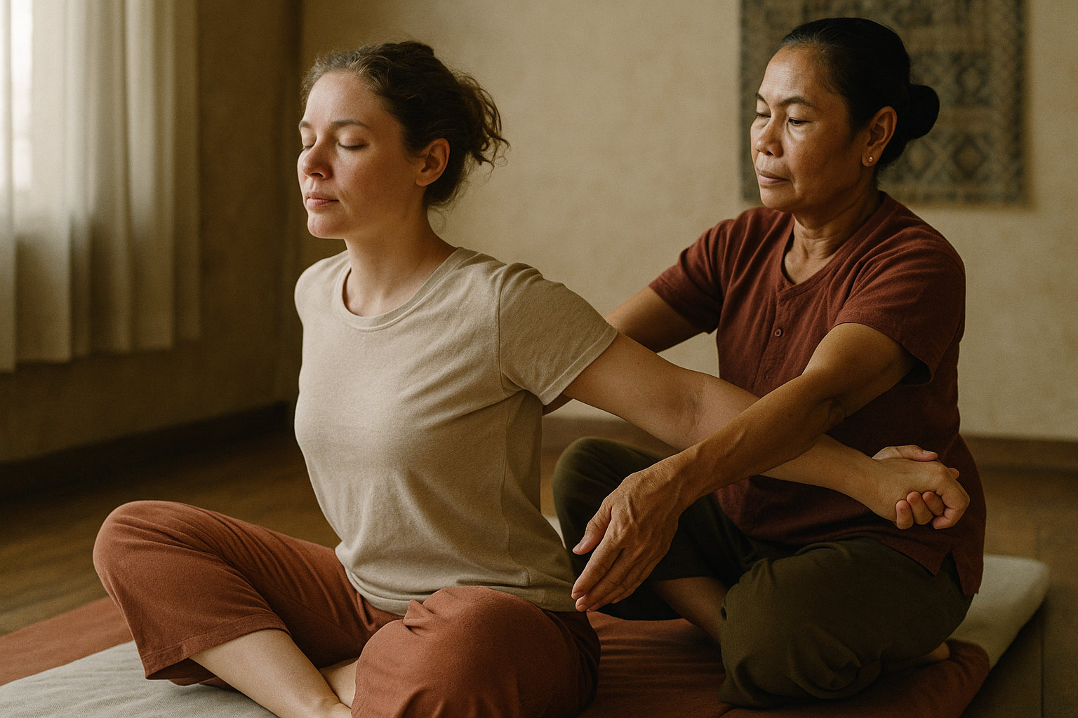 Thai-Massage: sanfte assistierte Dehnung auf der Matte