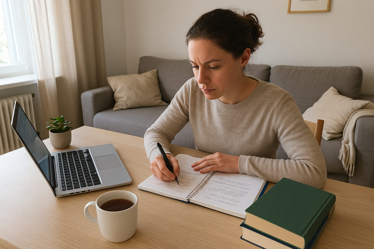 Person lernt zu Hause am Schreibtisch mit Laptop und Unterlagen für die Wellness-Ausbildung