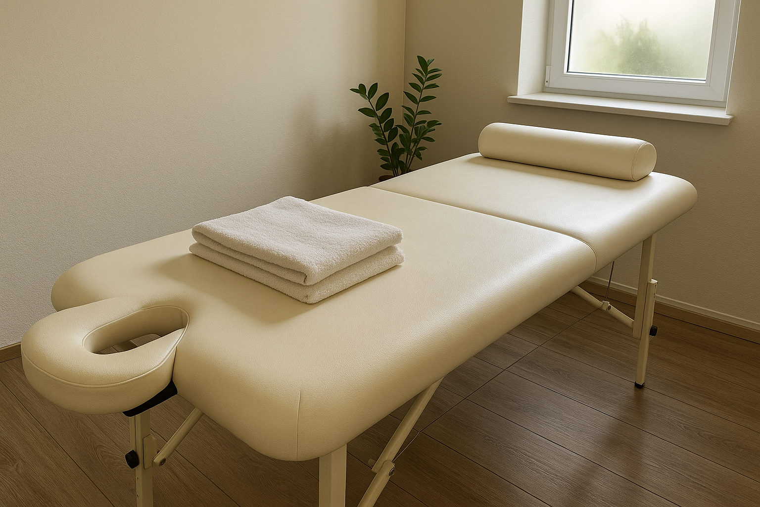 Professionelle Massageliege mit frischen Handtüchern in einem ruhigen Wellnessraum