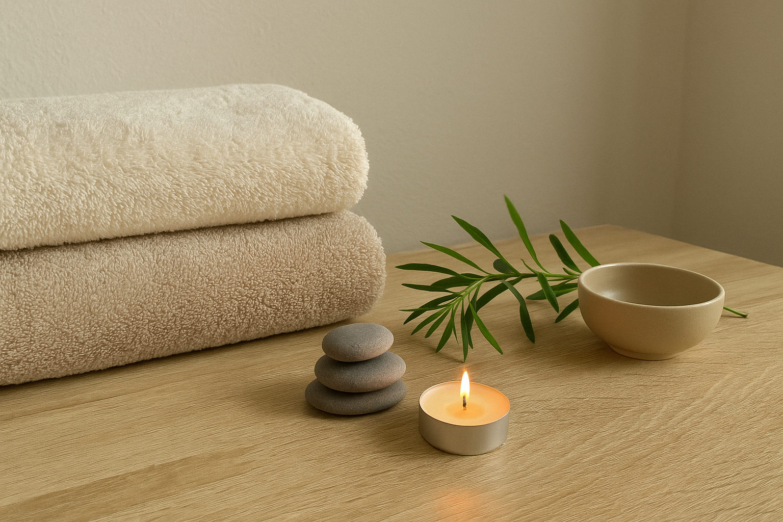 Ruhiges Wellness-Ambiente mit Handtüchern, Kerze und Massagesteinen