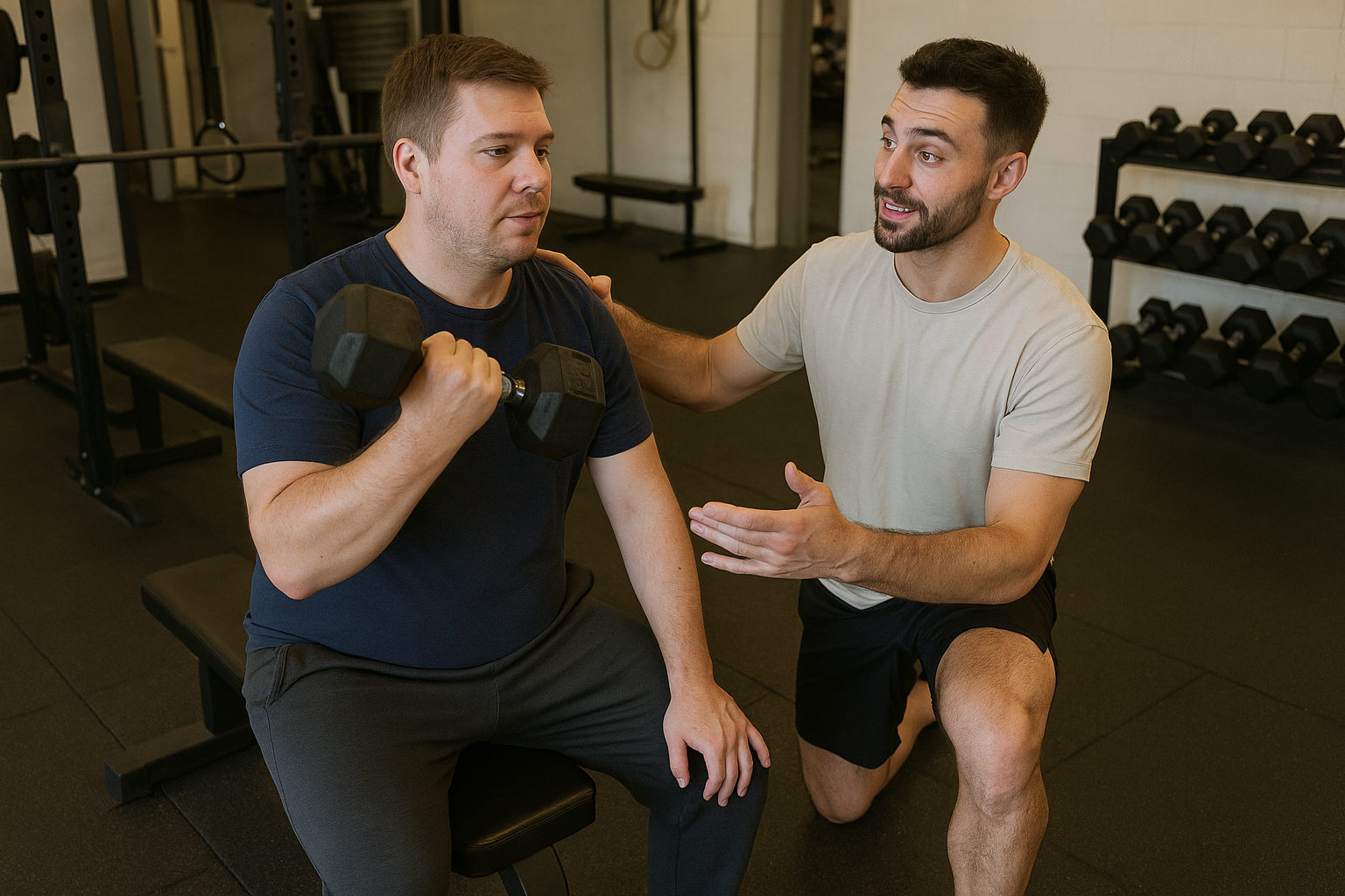 Fitnesstrainer coacht einen Kunden beim Krafttraining im Studio