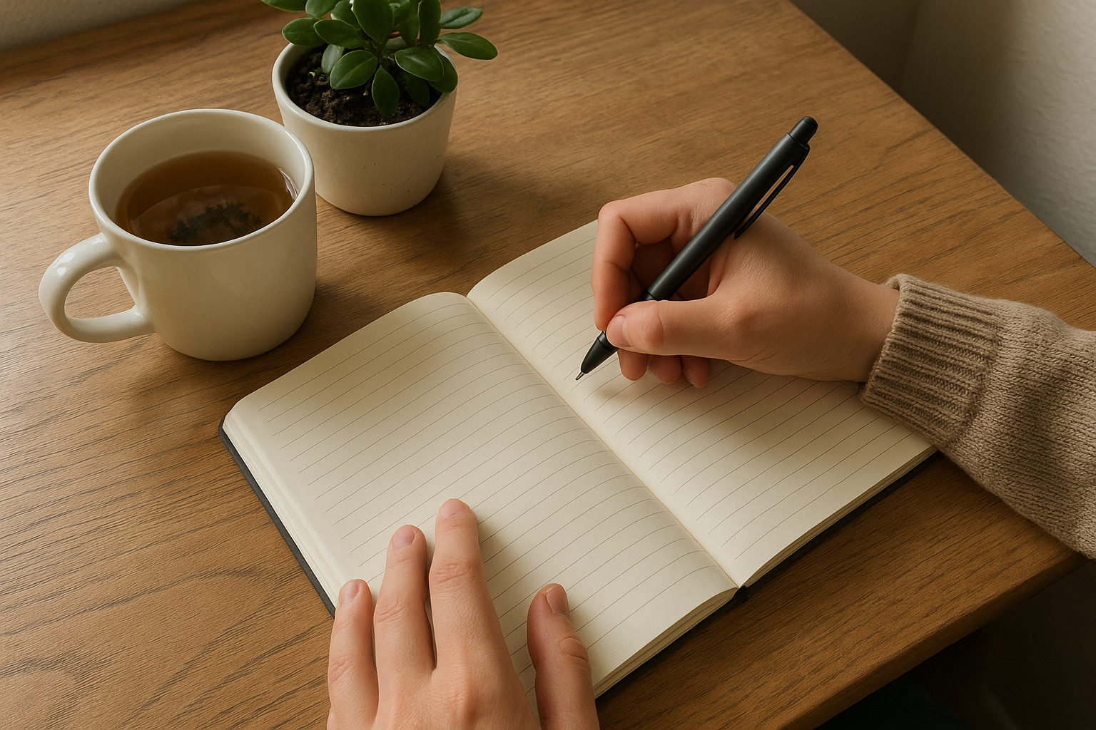 Hände schreiben mit Stift in ein offenes Journal, daneben eine Tasse Tee und eine Pflanze