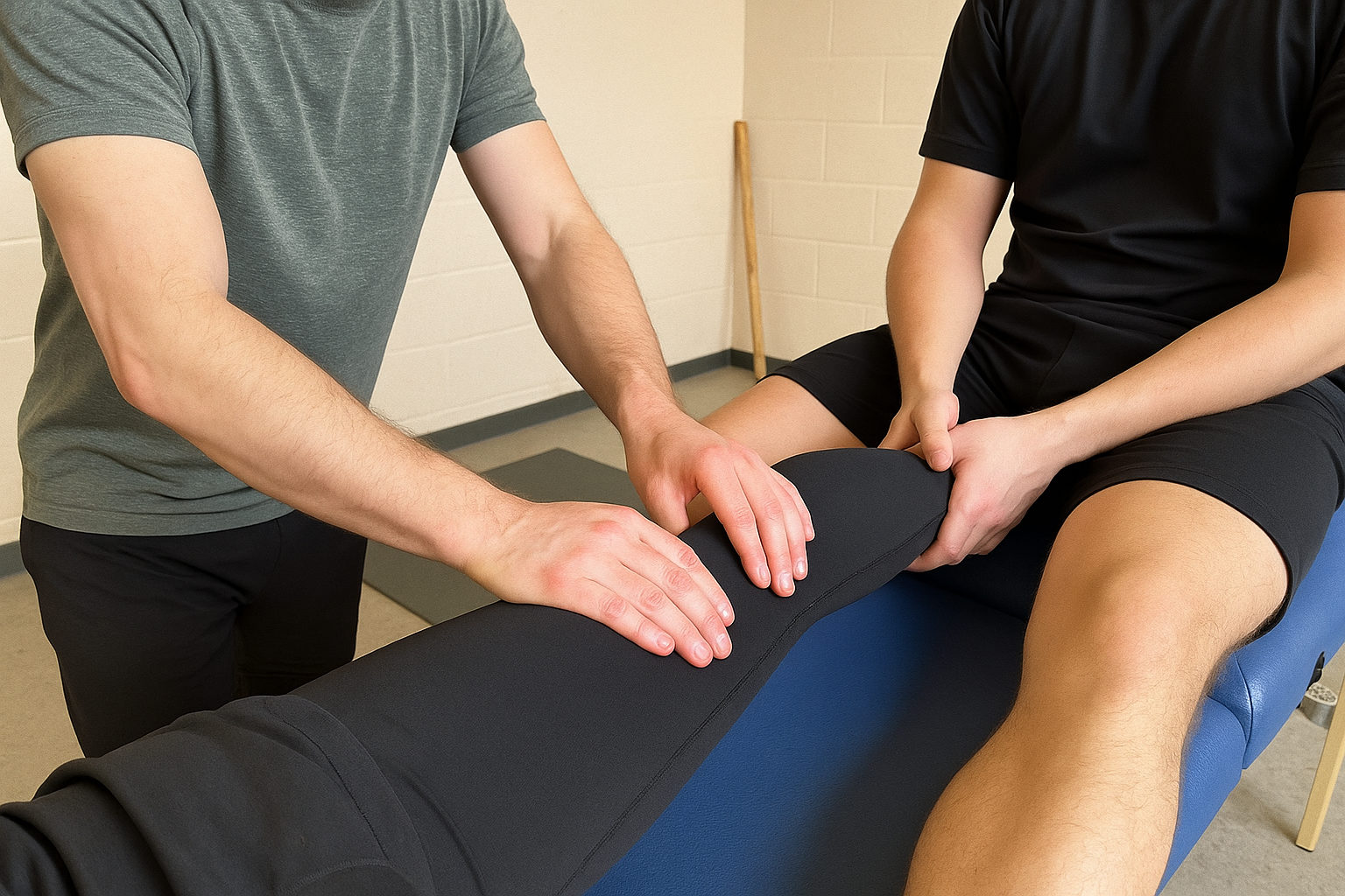Sportmasseur bearbeitet die Wadenmuskulatur eines Sportlers in Sportkleidung