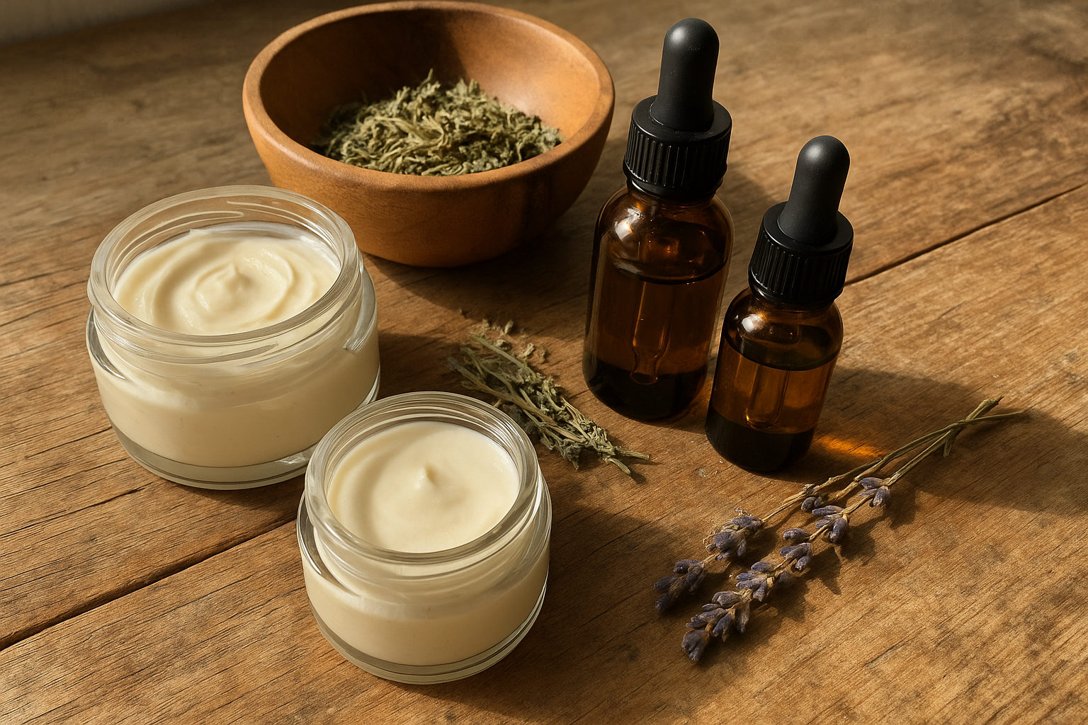 Natürliche Massageöle und Naturkosmetik-Produkte auf einem Holztisch