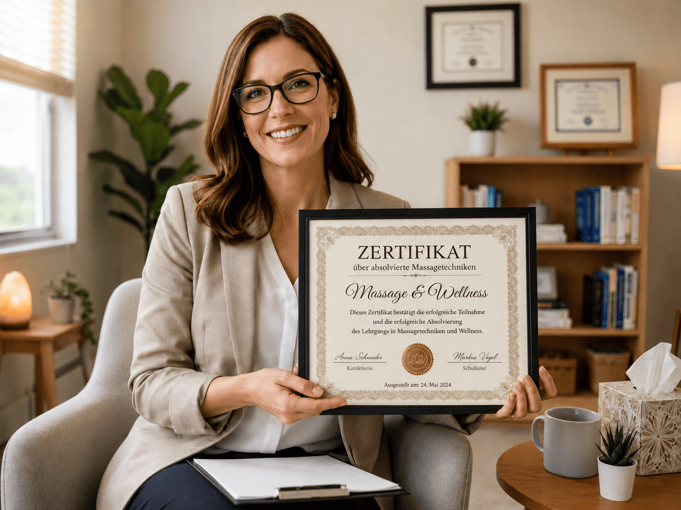 Therapeut zeigt Klient sein Massage-Zertifikat — Vertrauensanker in der Wellness-Praxis